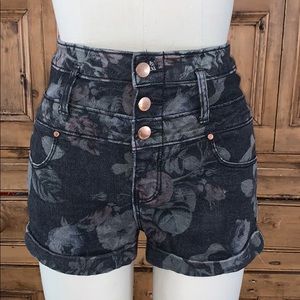 High-waisted, dark floral denim shorts